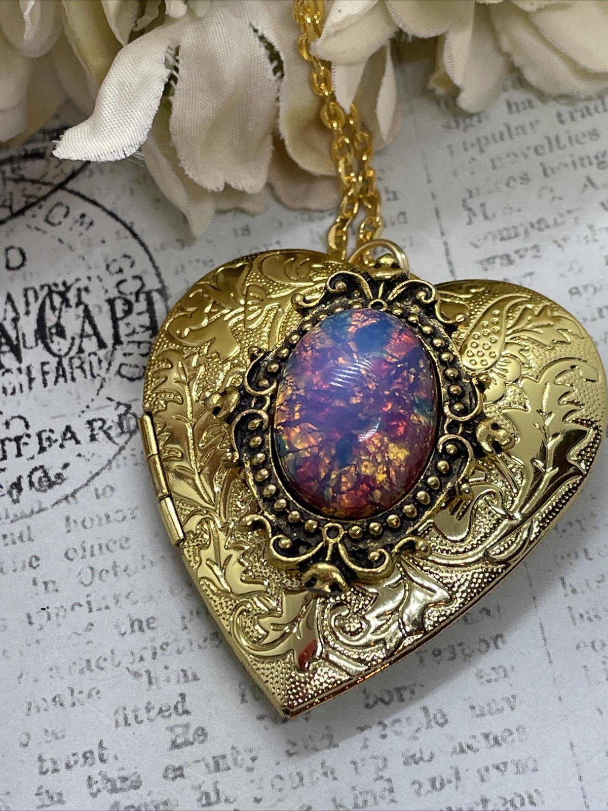 Gold Heart Locket Photo Harlequin Opal New Birthday Anniversary Wedding Necklace