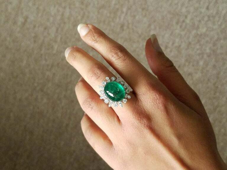 Light Deep Green 13.04 Carat Cabochon Emerald and 1.21CT Round CZ Cocktail Ring