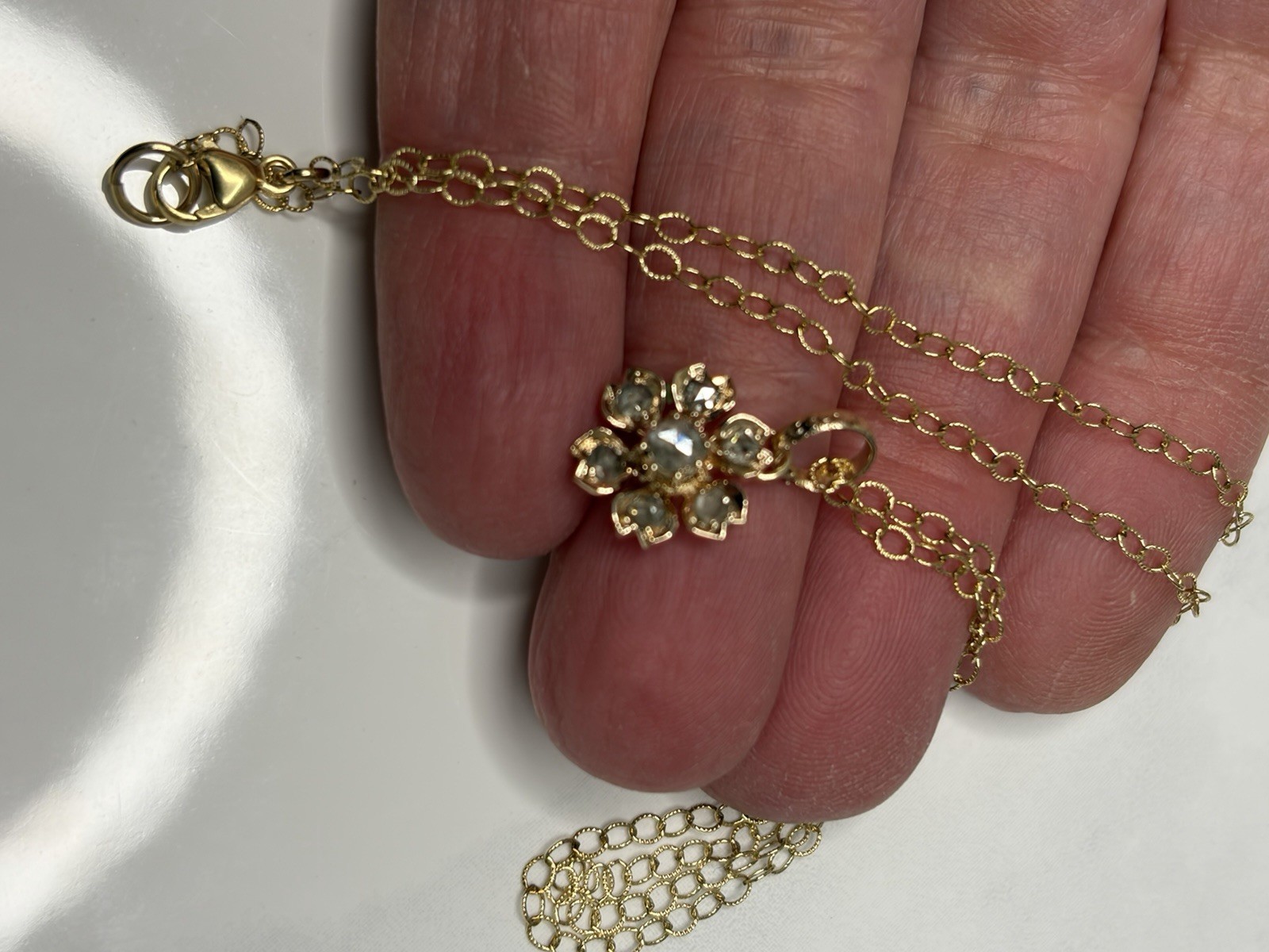 Antique 14KT Gold Diamond Rose Cut Flower Pendant On Gold filled Chain