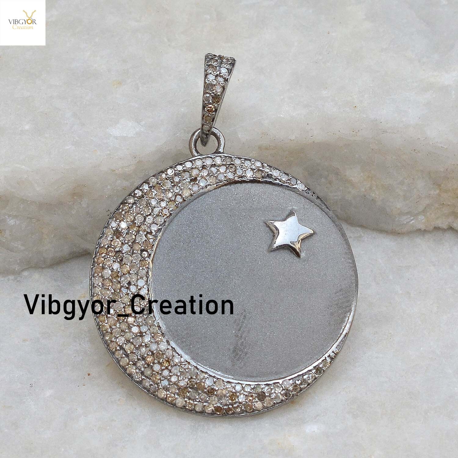 Natural Pave Diamond Crescent Moon Pendant 925 Sterling Silver Matte Finish Gift