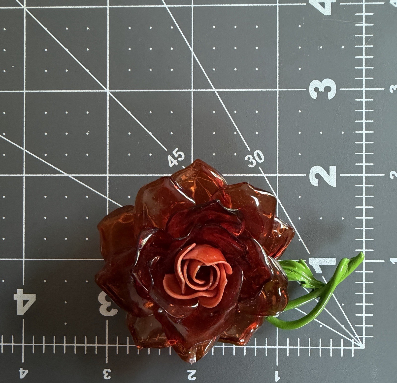 Vtg Coral Cellulose Acetate Rose Flower Brooch Enamel Green Stem 3D Translucent