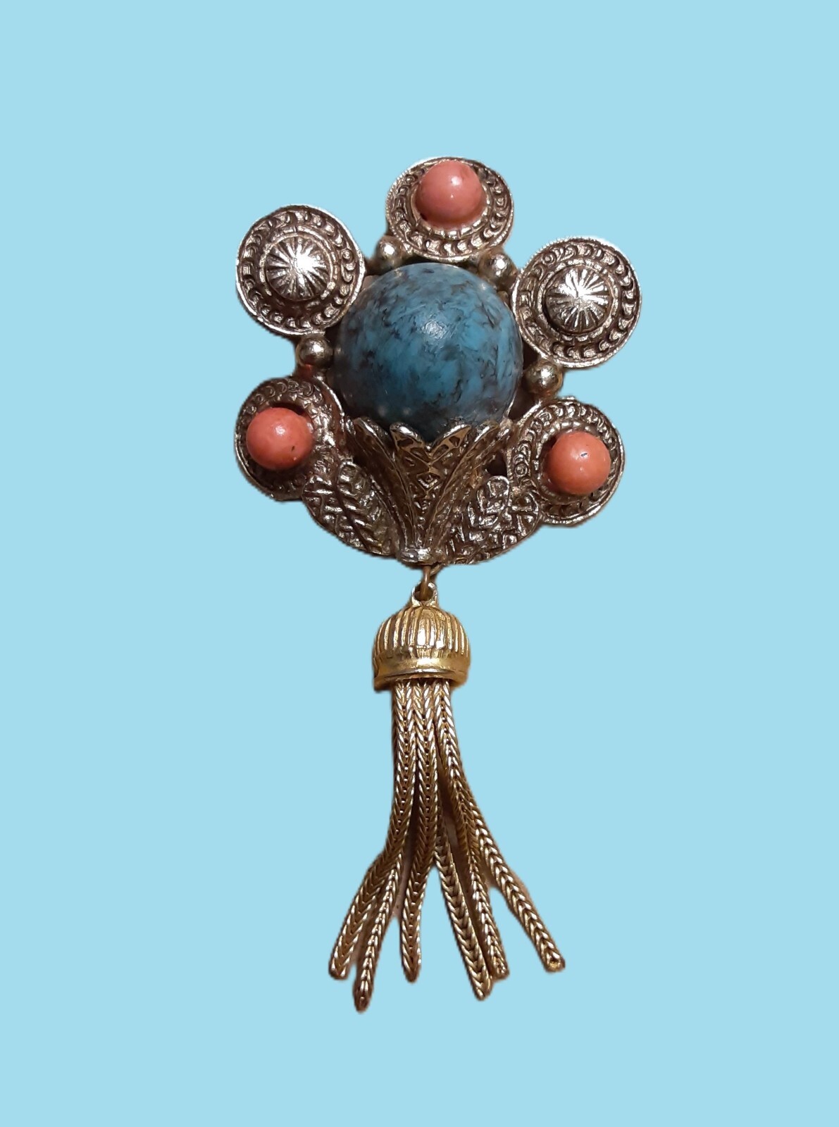 Vntg Boho Style Brooch Faux Turquoise & Coral