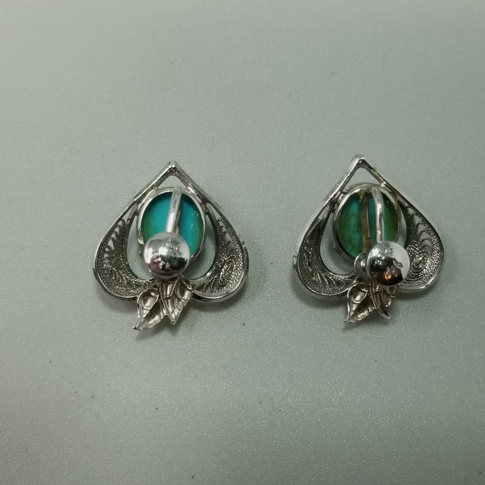 Vintage Sterling Silver Blue Cabochon Filigree Heart Clip On Screw Back Earrings