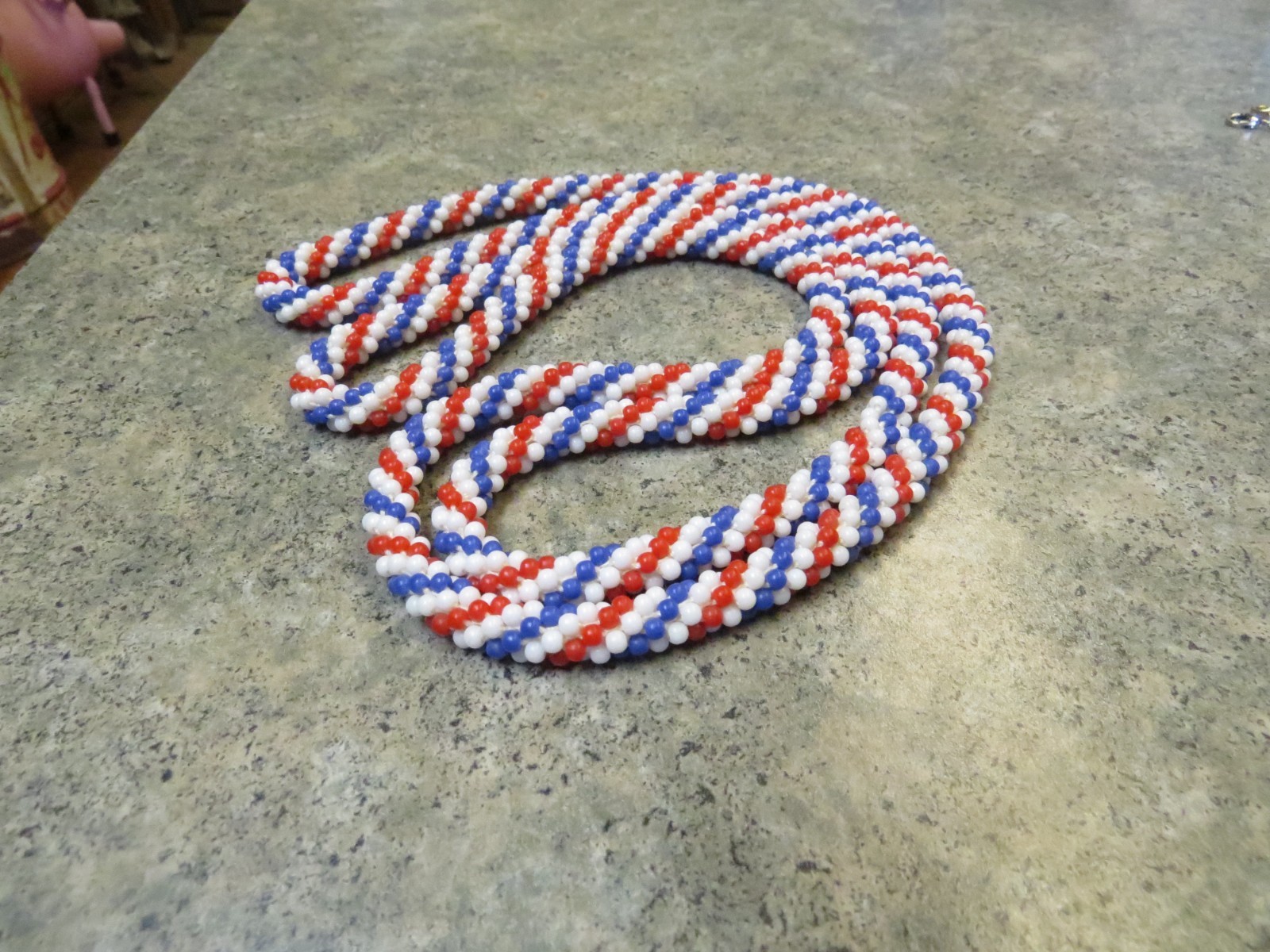 Vintage Patriotic Red White & Blue Glass Bead Necklace Extra Long 46″