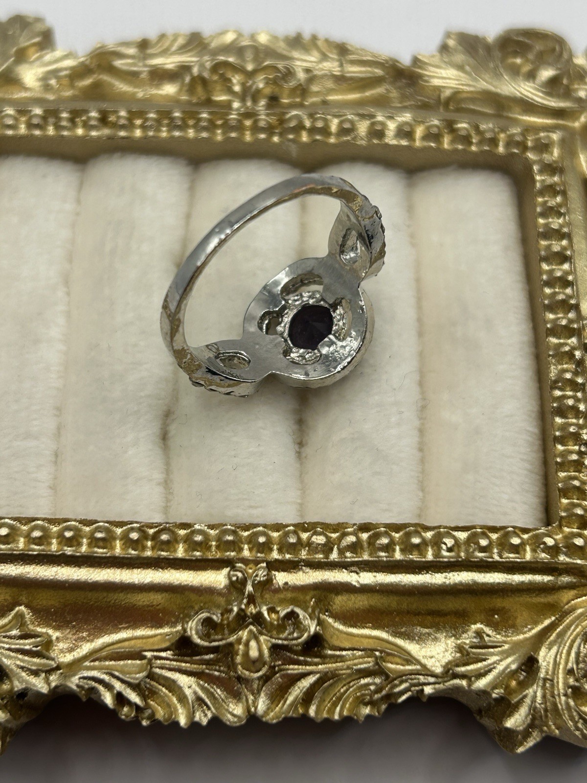 Silver Tone Purple Amethyst Halo Statement Ring Size 8.5 Vintage Costume Jewelry