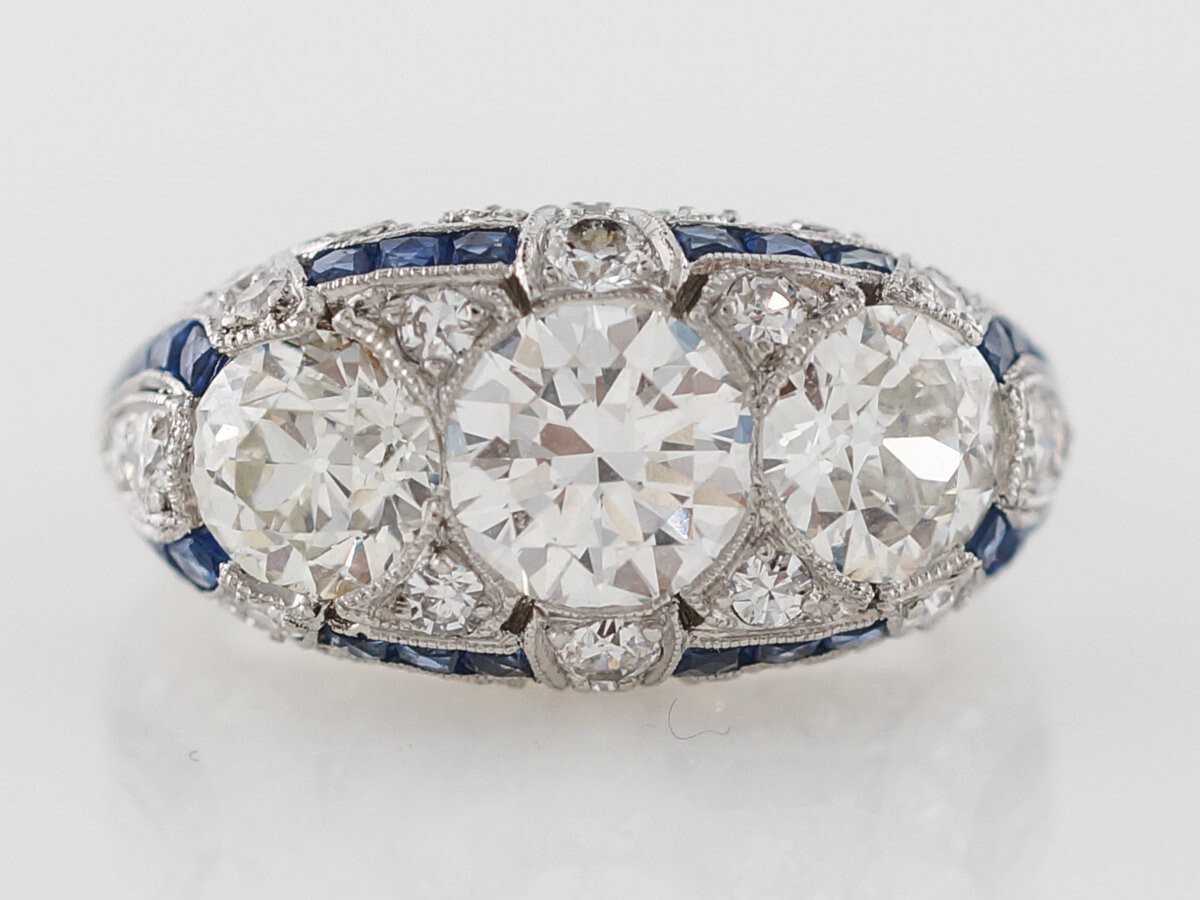 3 CTW White Round Cut CZ Three Stone Art Deco & Sapphire Ring In Sterling Silver