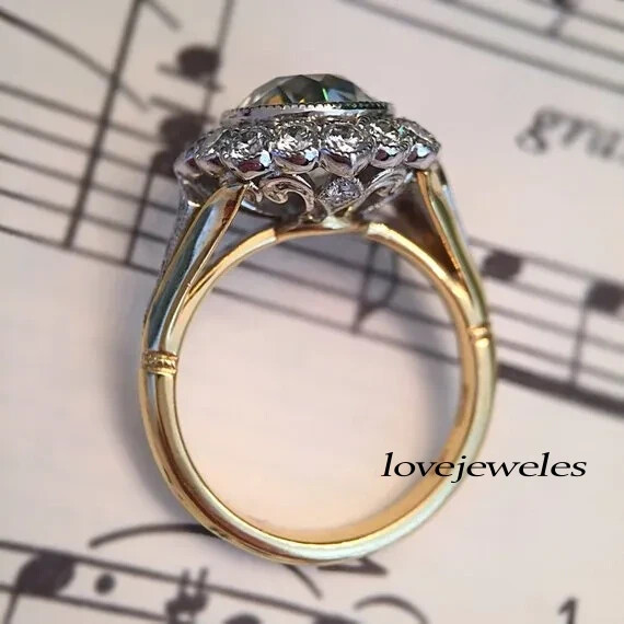 Round Cut 3CT Real Moissanite 14K 2-Tone Gold Over Vintage Art Deco Flower Ring