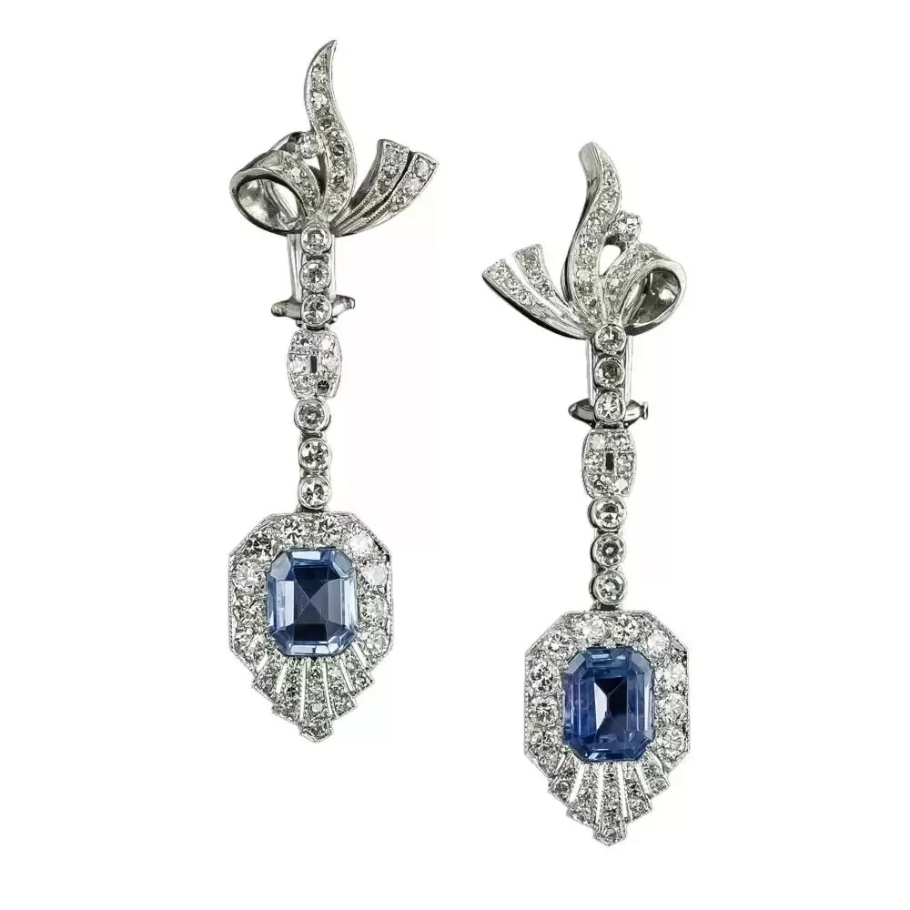 Art Deco Style Emerald Sapphire & Lab Created Diamond 14k White Gold FN Earring