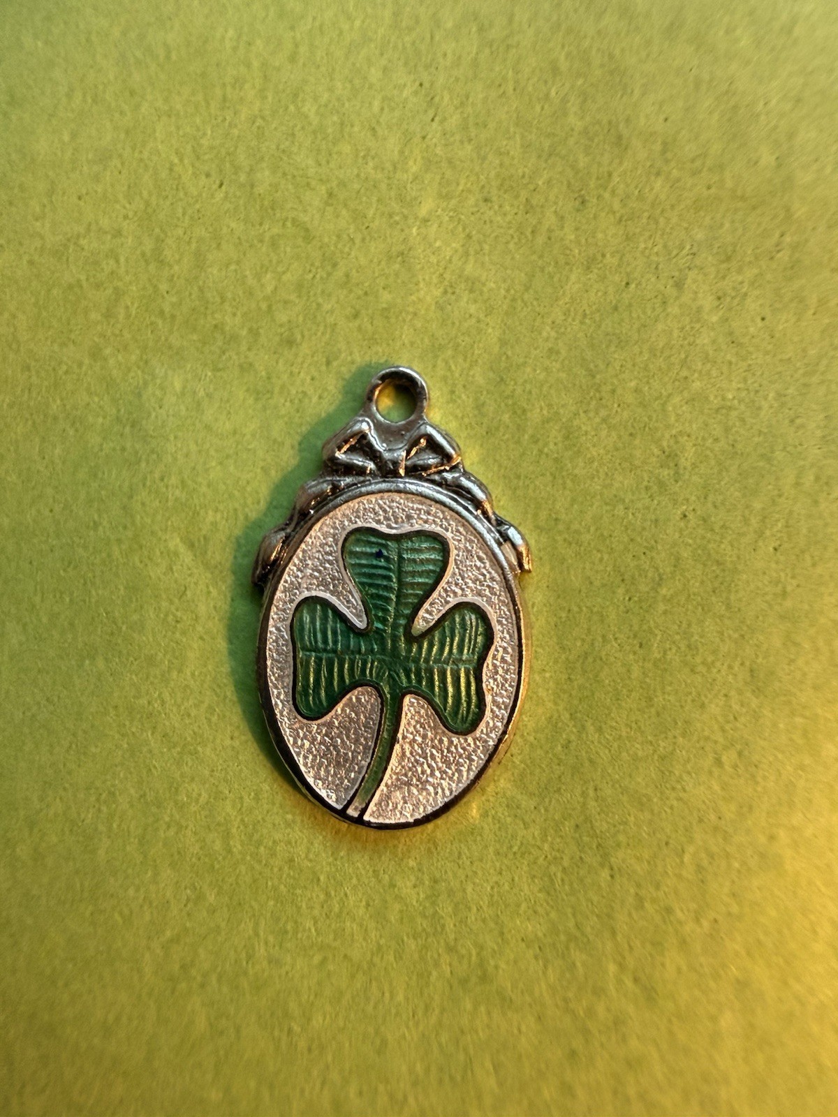 Vintage Sterling Silver Green White Enamel Three Leaf Clover Charm Pendant