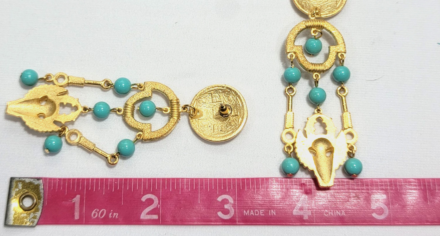 Vintage Estate Mayan Aztec Inspired Beaded Dangle Nepali Coin Earrings