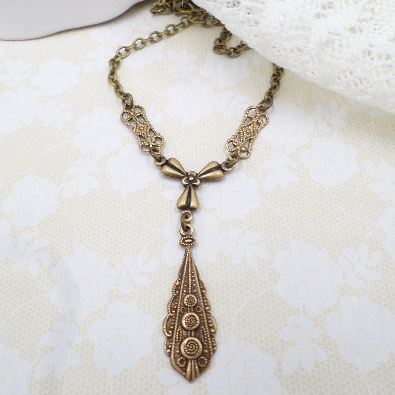 Victorian Style Brass Filigree Charm Necklace: Handmade Bow & Teardrop Jewelry