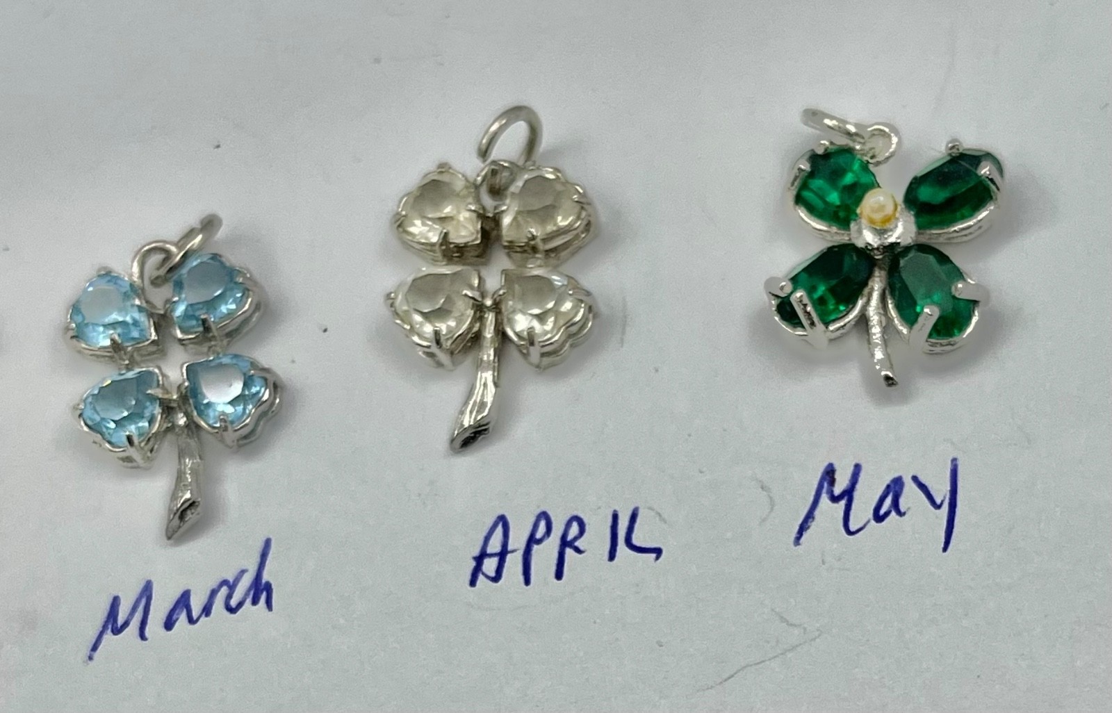 Vintage Mid Century Sterling Silver Rhinestone Birthday Clover Charms Pendants