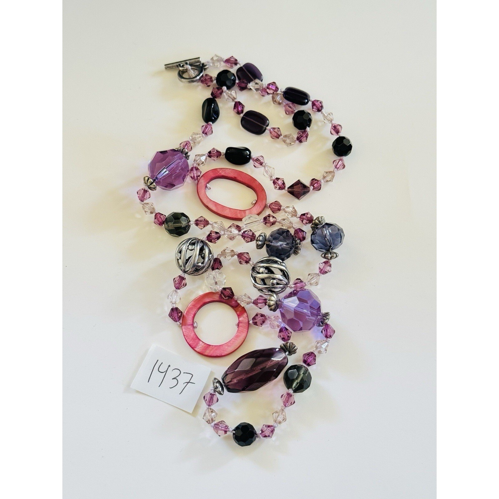 Vtg Necklace 90s Crystal Purple Pink Faceted Beads Mother Of Pearl Beads 40″