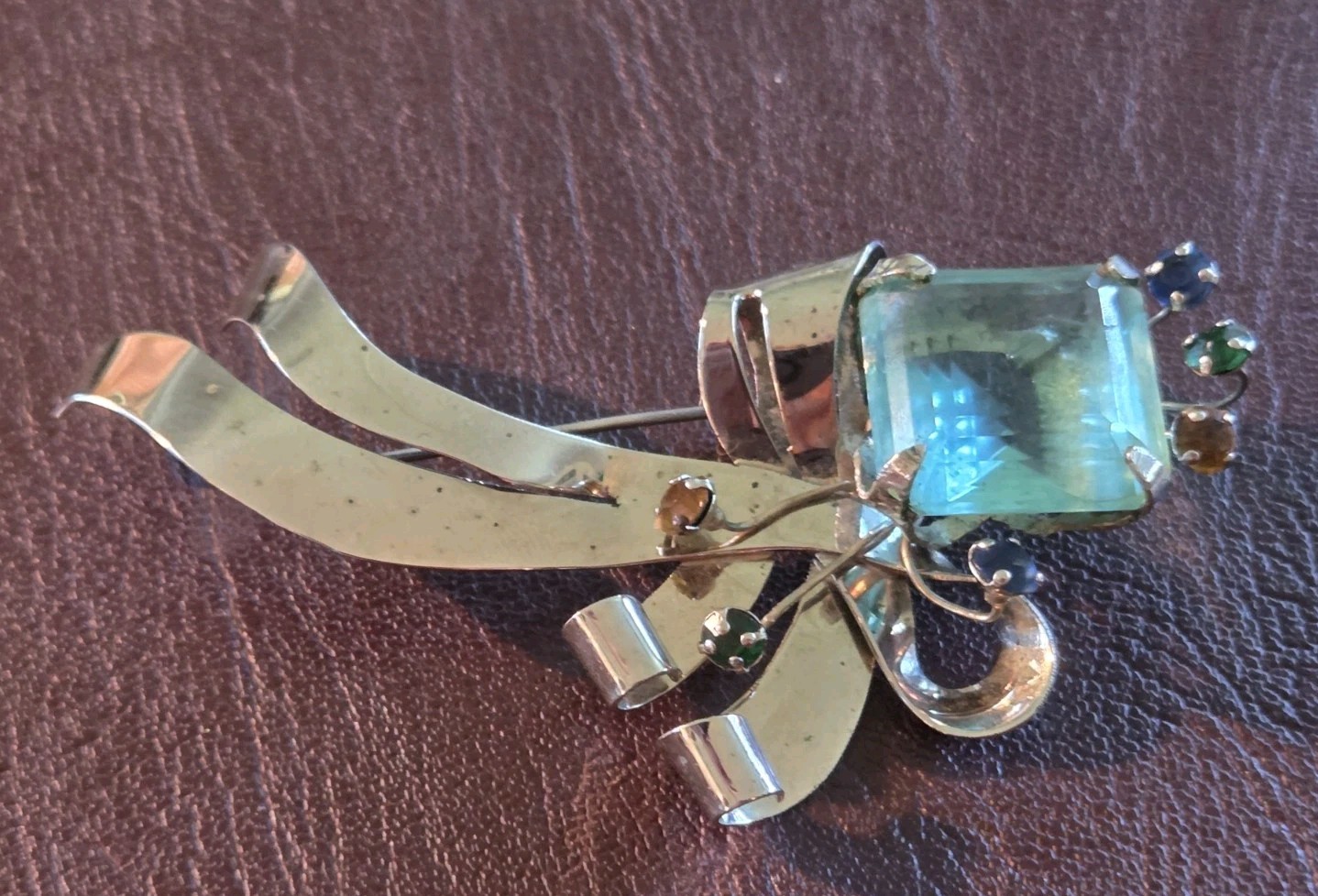 1940s Unsigned Glamourous Sterling Silver 4″ Brooch w/ Large Aqua Stone