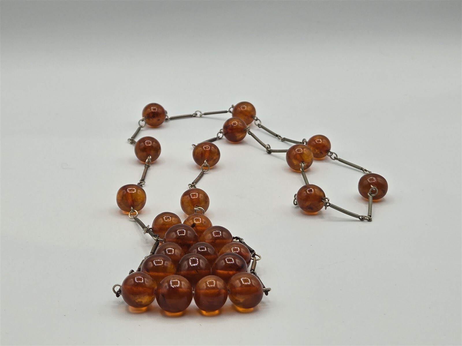 Amber Bead Modernist Necklace Silver Tone & 14 mm 30″