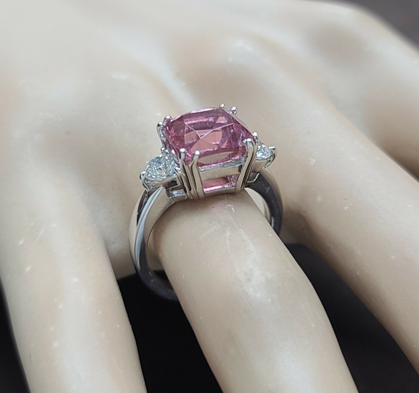 Vintage 14K White Gold Engagement Ring 3.86CT.Natural Pink Tourmaline radiant