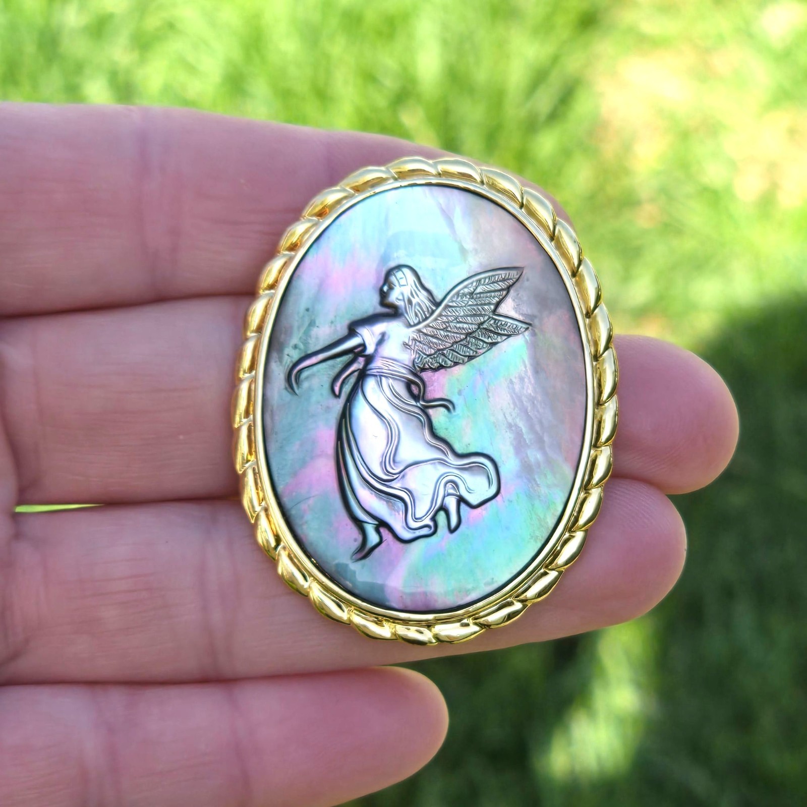 Vintage Guardian Angel Brooch or Pendant Mother of Pearl Cameo Spiritual Jewelry