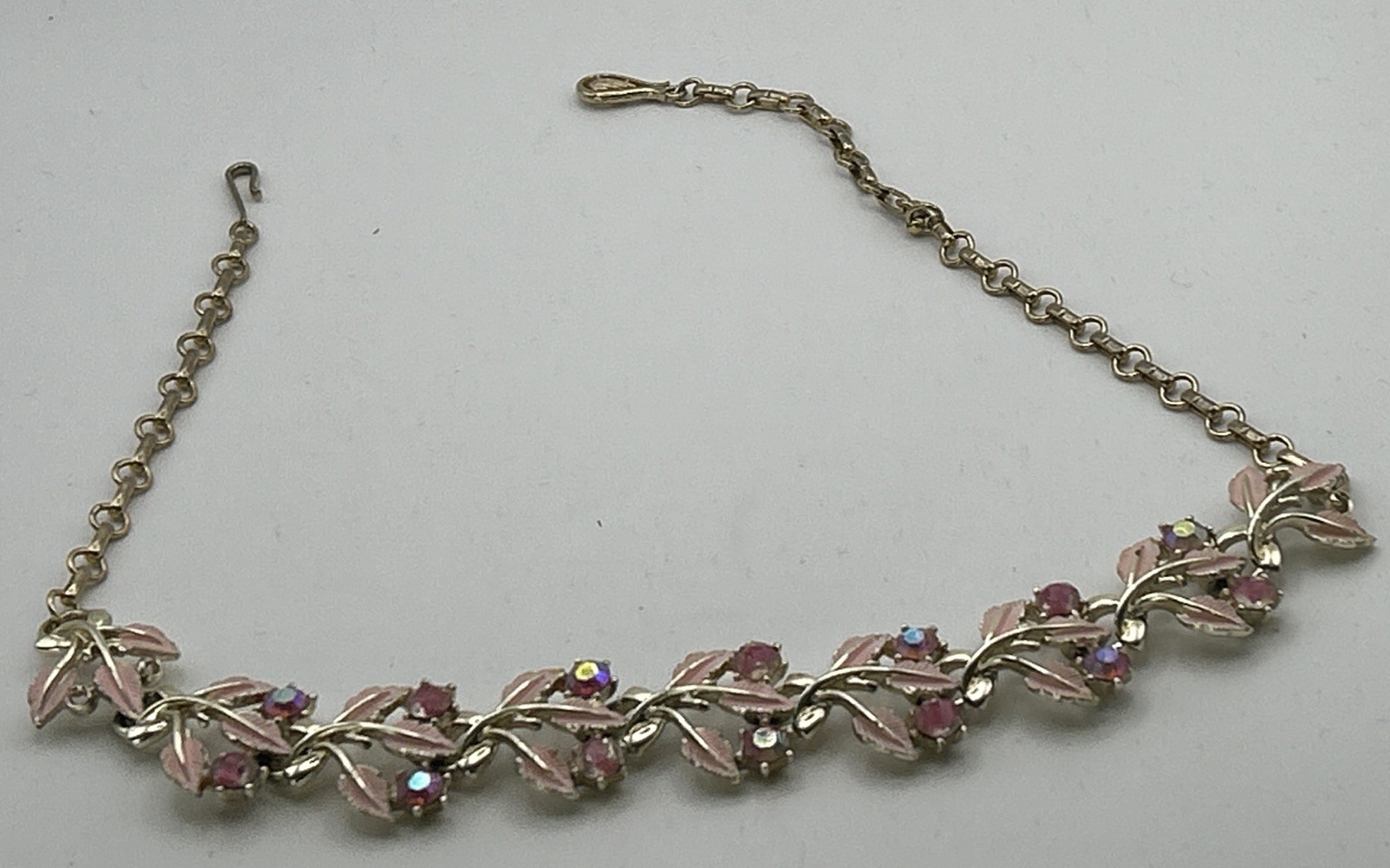 Coro Necklace Mid-Century Gold Pink Leaves W/ Pink Rhinestone Flowers Choker
