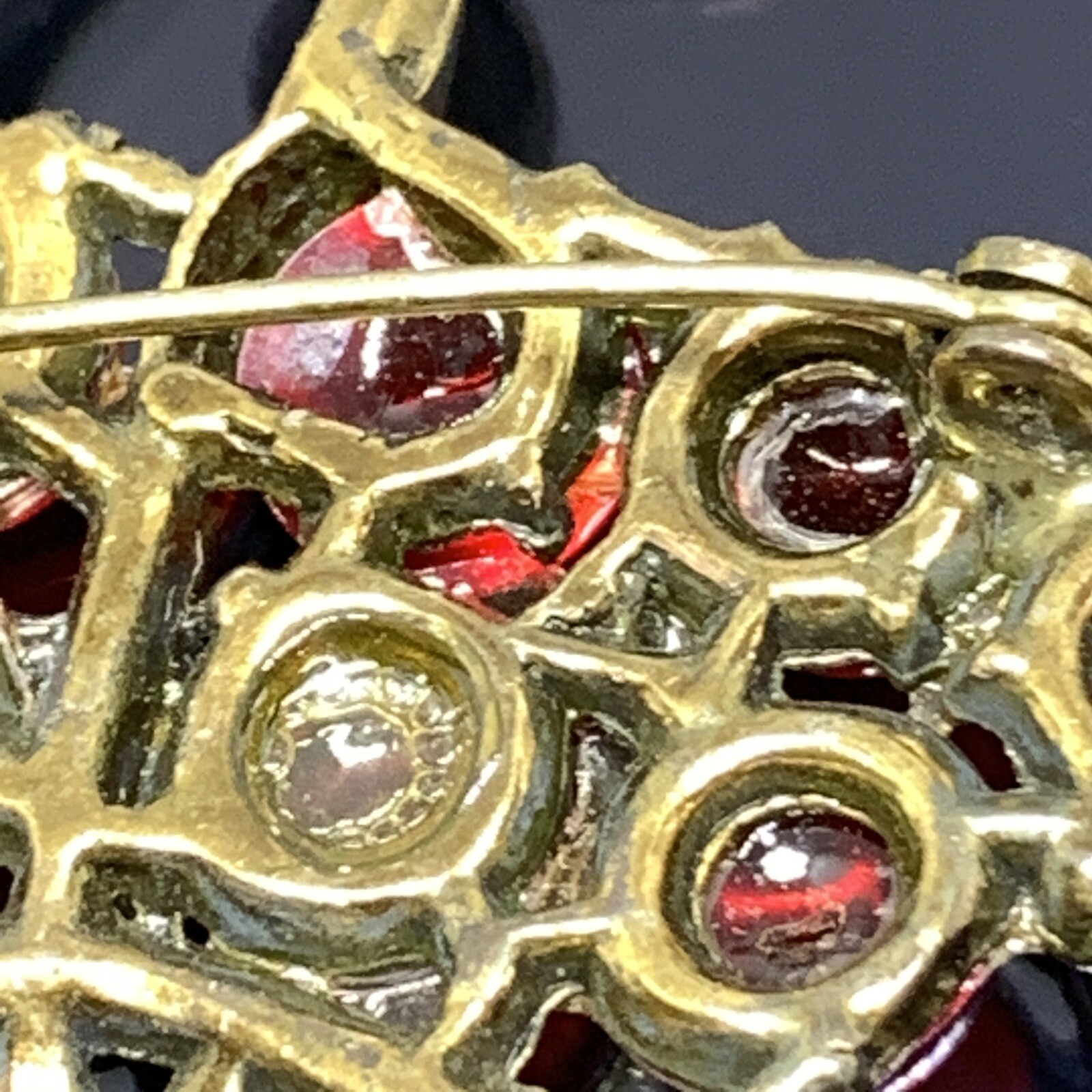 Antique Basket Brooch Red Poured Glass Gripoix Cabochons 1920s 1930s Cherries