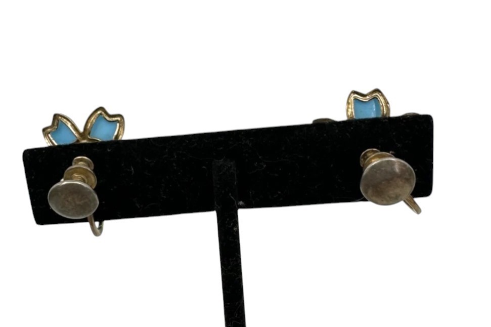 Vintage Blue Flower Screw Back Earrings Silver Tone Faux Pearl Rhinestone