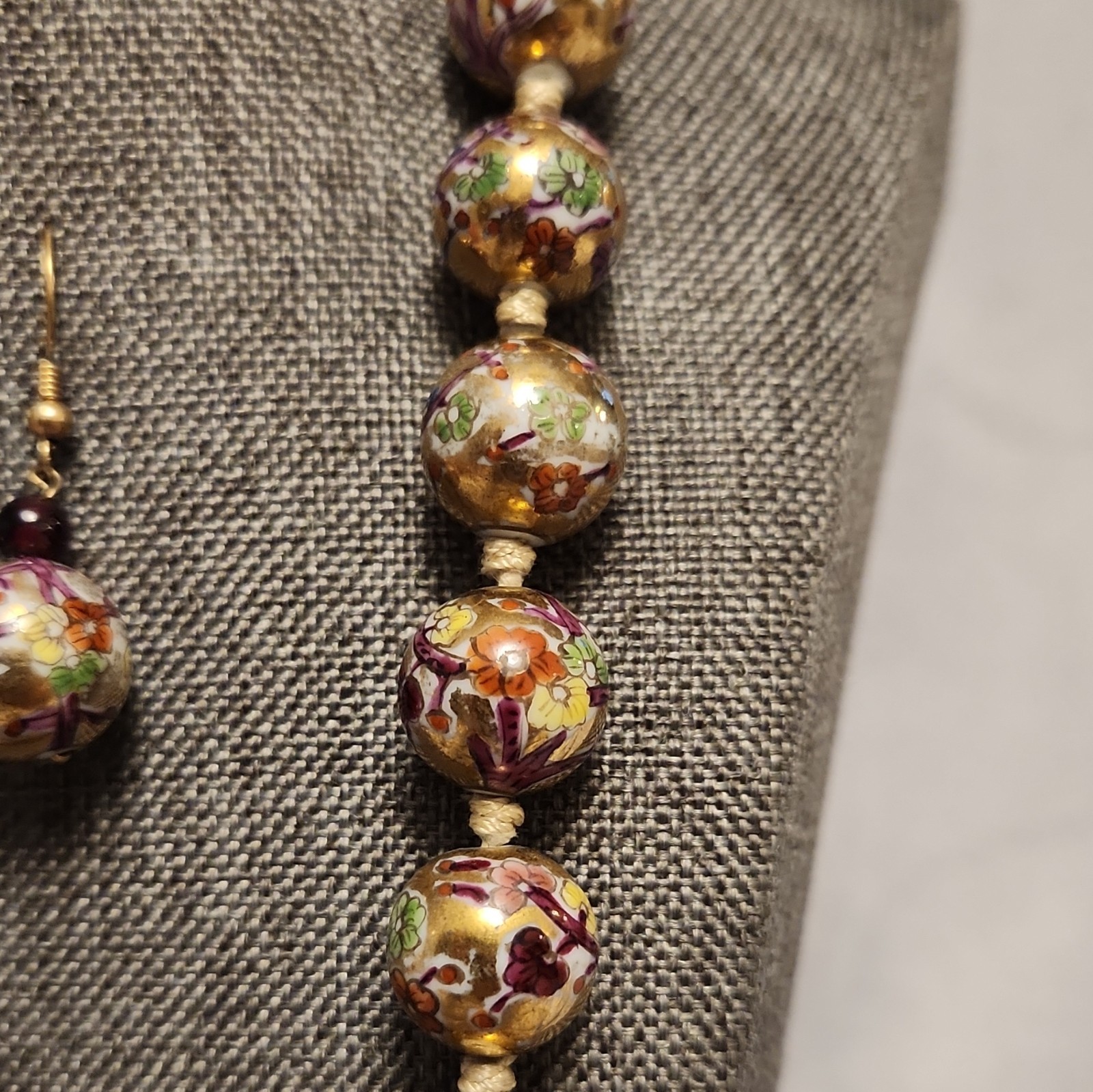 Vintage Chinese Cloisonné Bead Necklace – Pink & Blue Floral on Gold – 26″ L