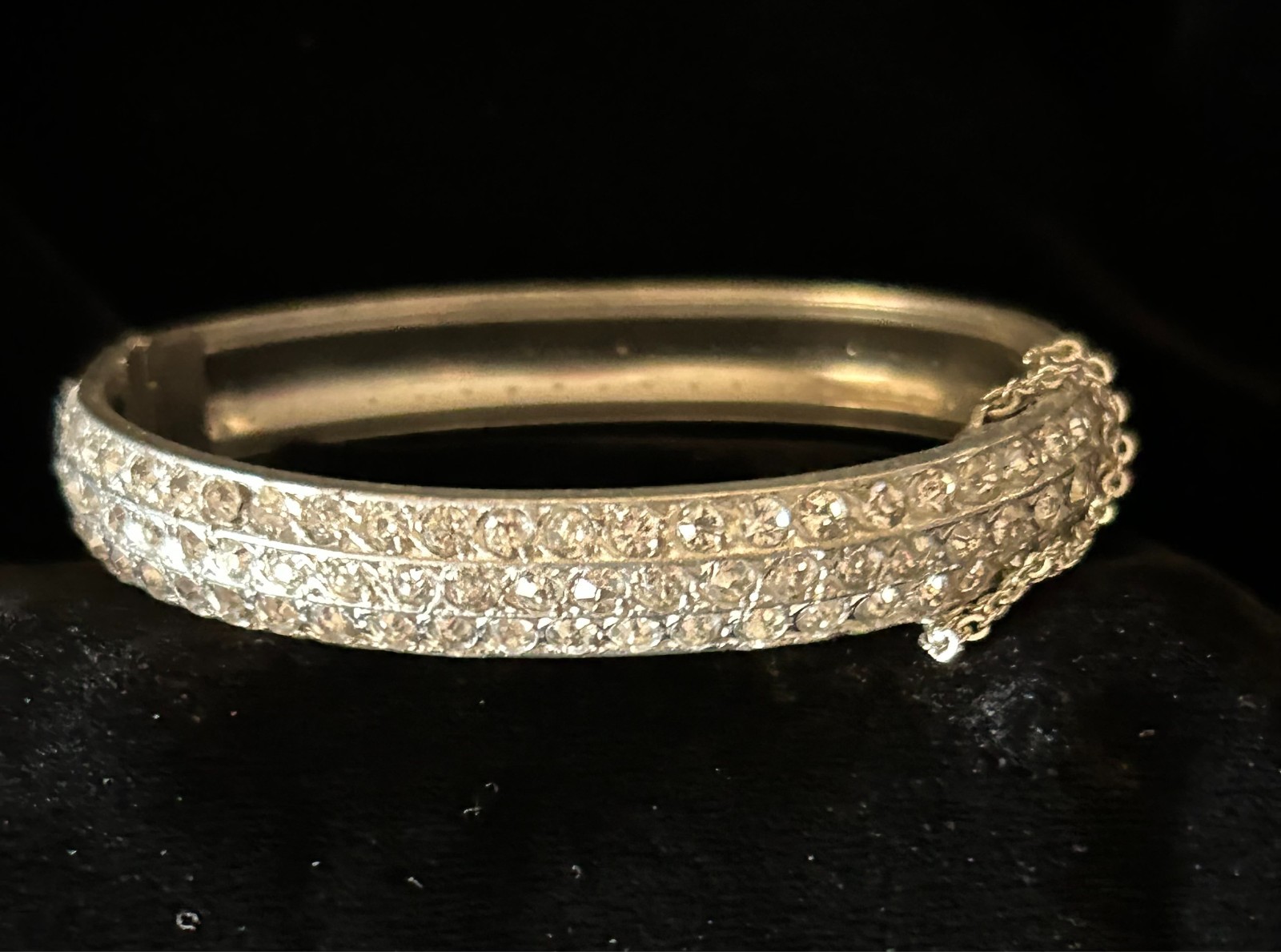 Vintage Pavé Set Clear Rhinestones Silver Tone Hinged Cuff Bracelet Safety Chain
