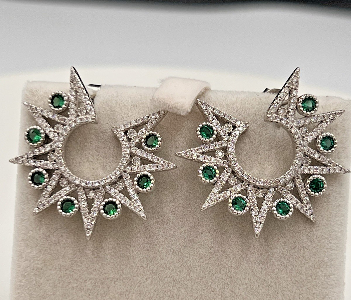 Vtg Sterling Star Point Statement Earrings, Emerald Green & Clear CZ Settings