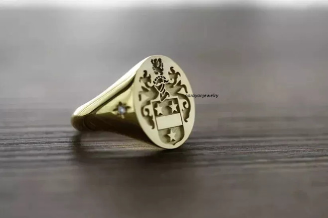 14K Yellow Gold Plated Deep & Detailed Moissanite Family Crest Men’s Pinky Ring