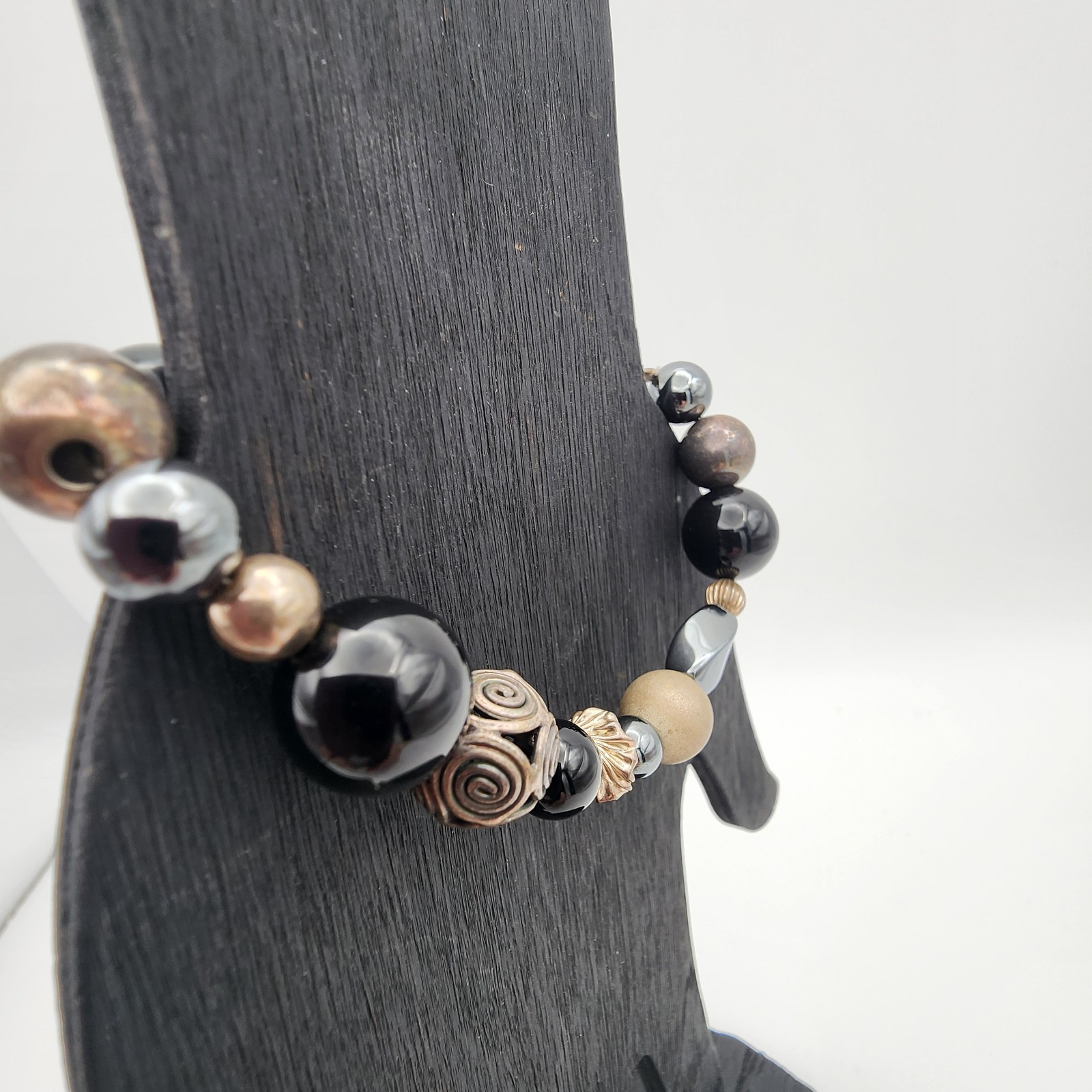 VTG 925 Silver Mixed Bead Hematite Onyx Bracelet 6.75″ Black Boho GUC