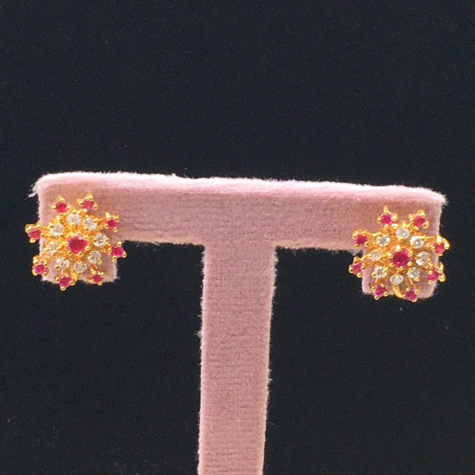 Signed Starburst Earrings Sapphires and Simulated Ruby Gold Tone Marked W