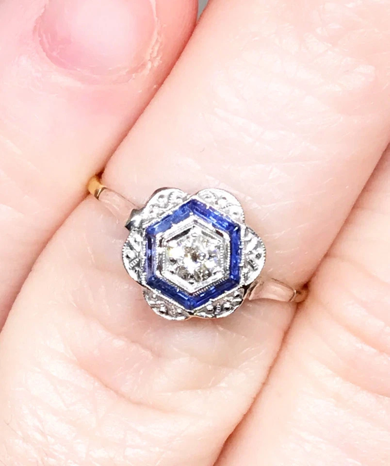 Art Deco Style Lab Created Diamond & Sapphire Anniversary 14K Gold Finish Ring