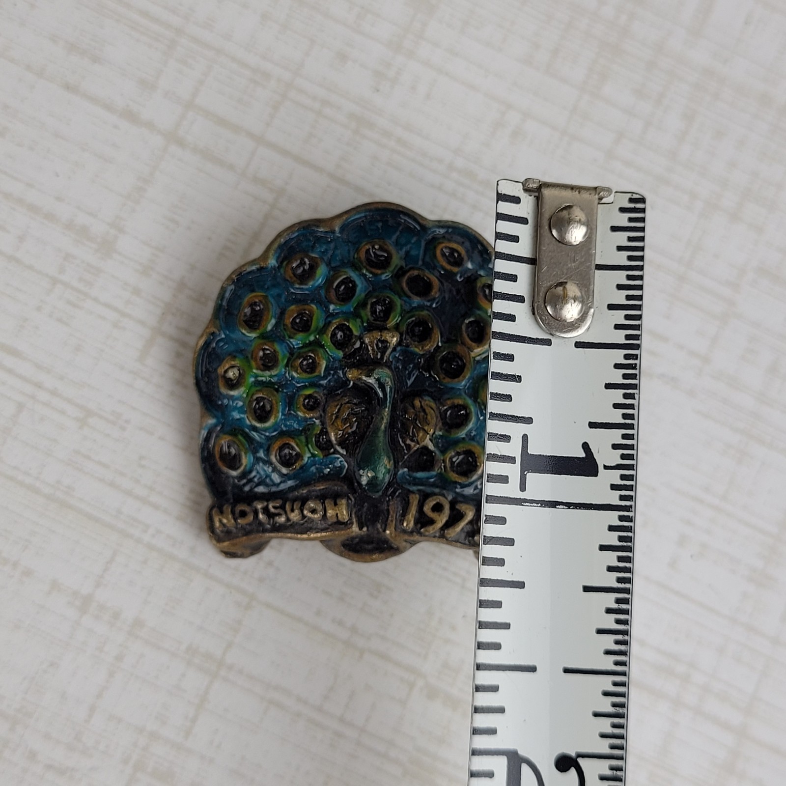 Vintage Peacock Brooch Metal Multicolor Enamel Notsuoh 1975 Houston Signed KIM