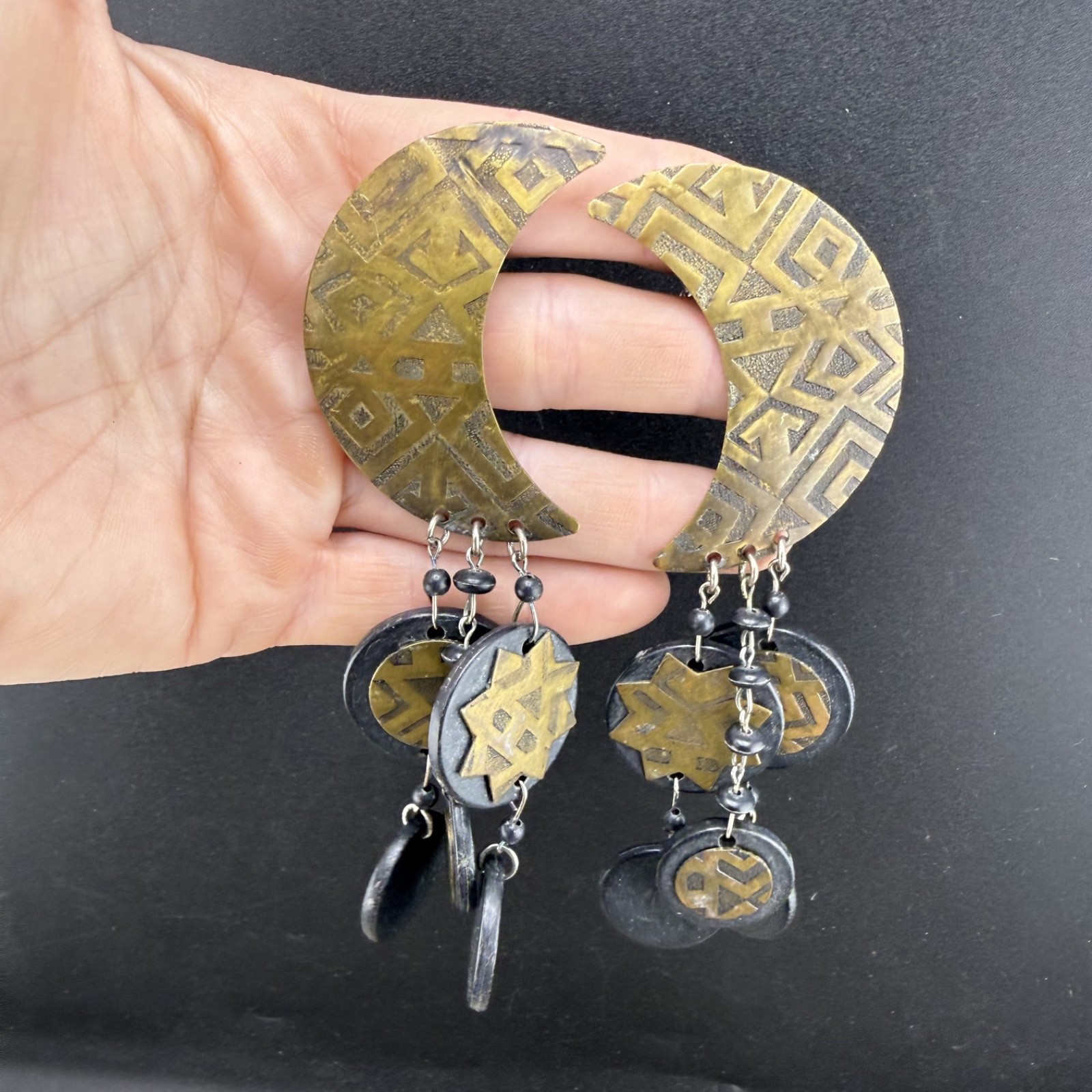 Vintage Clip On Earrings Moon Dangle Celestial Statement 80s