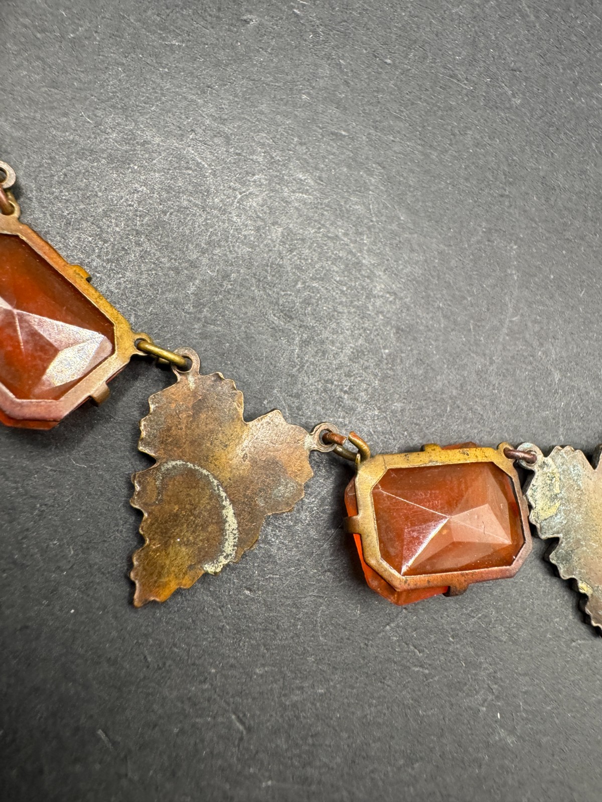 Art Deco Carnelian Glass & Leaf Necklace Brass
