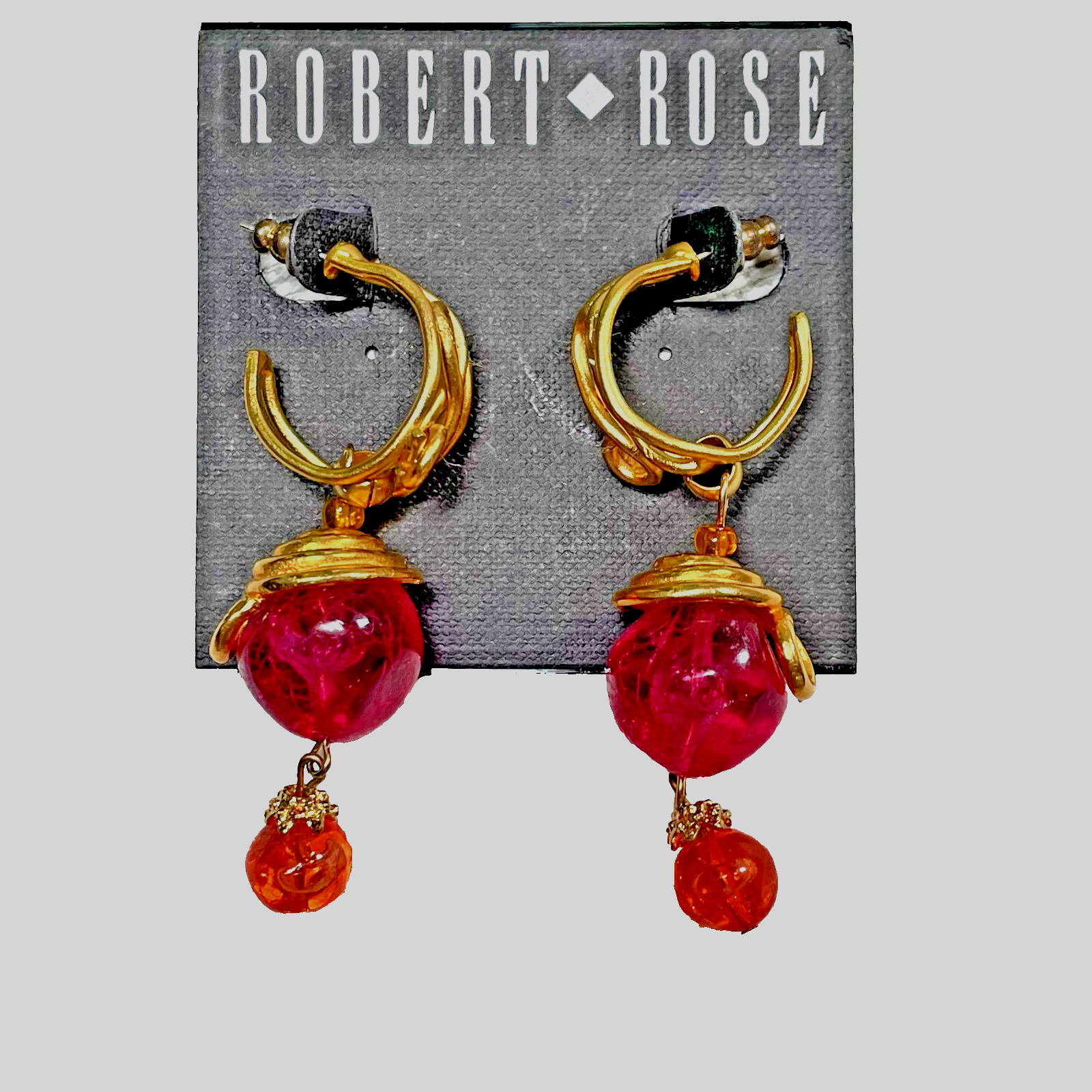 Vintage ROBERT ROSE Dangle Earrings Gold Tone & Violet & Red Lucite Beads 1970s