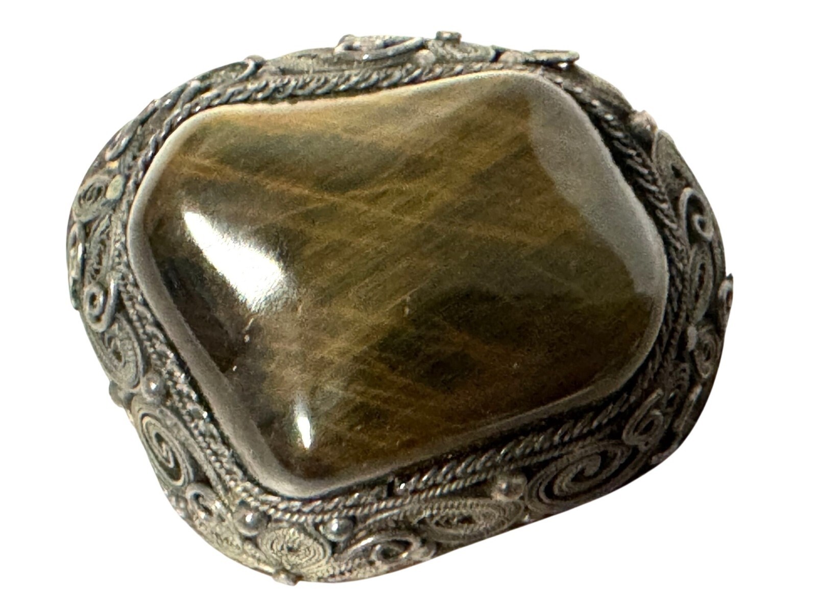 Vintage Large Tiger Eye Gemstone Silver Filigree Bezel Set Brooch
