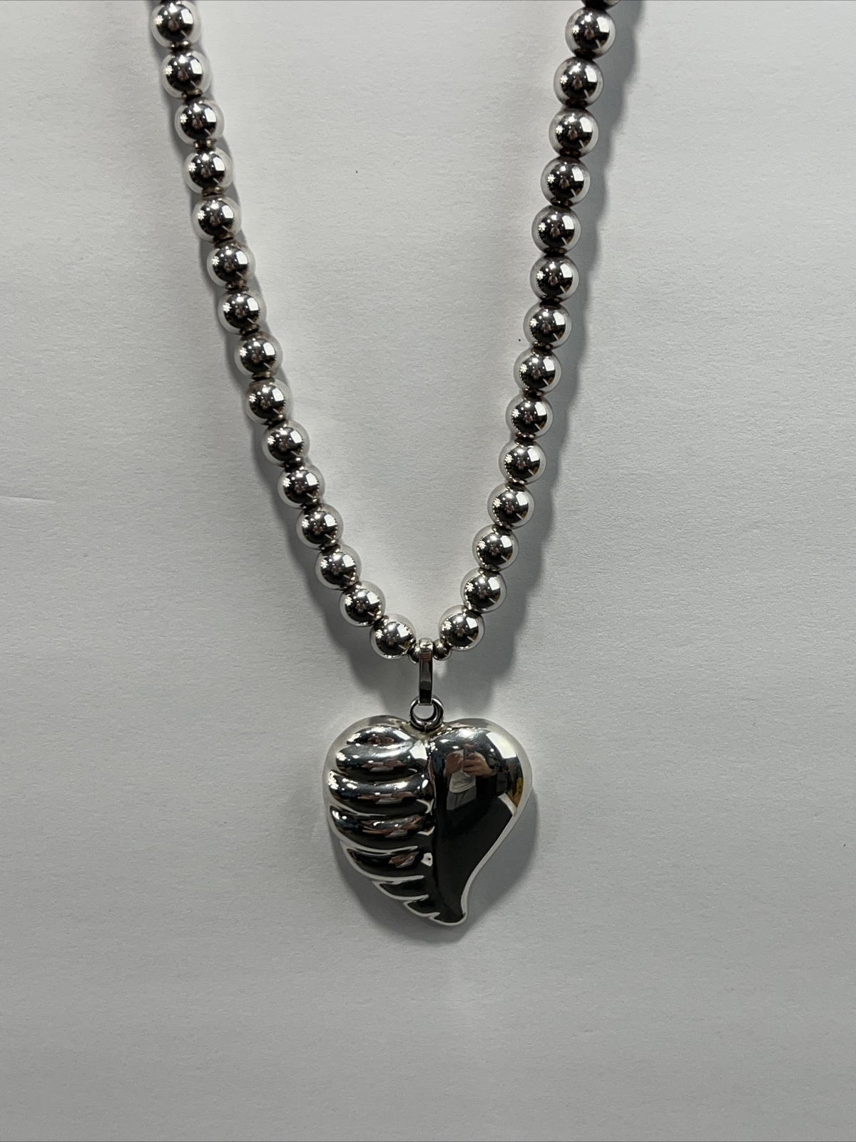 Sterling Silver Ball Bead Chain Necklace W Heart Pendant , Taxco 8mm 20” 32g