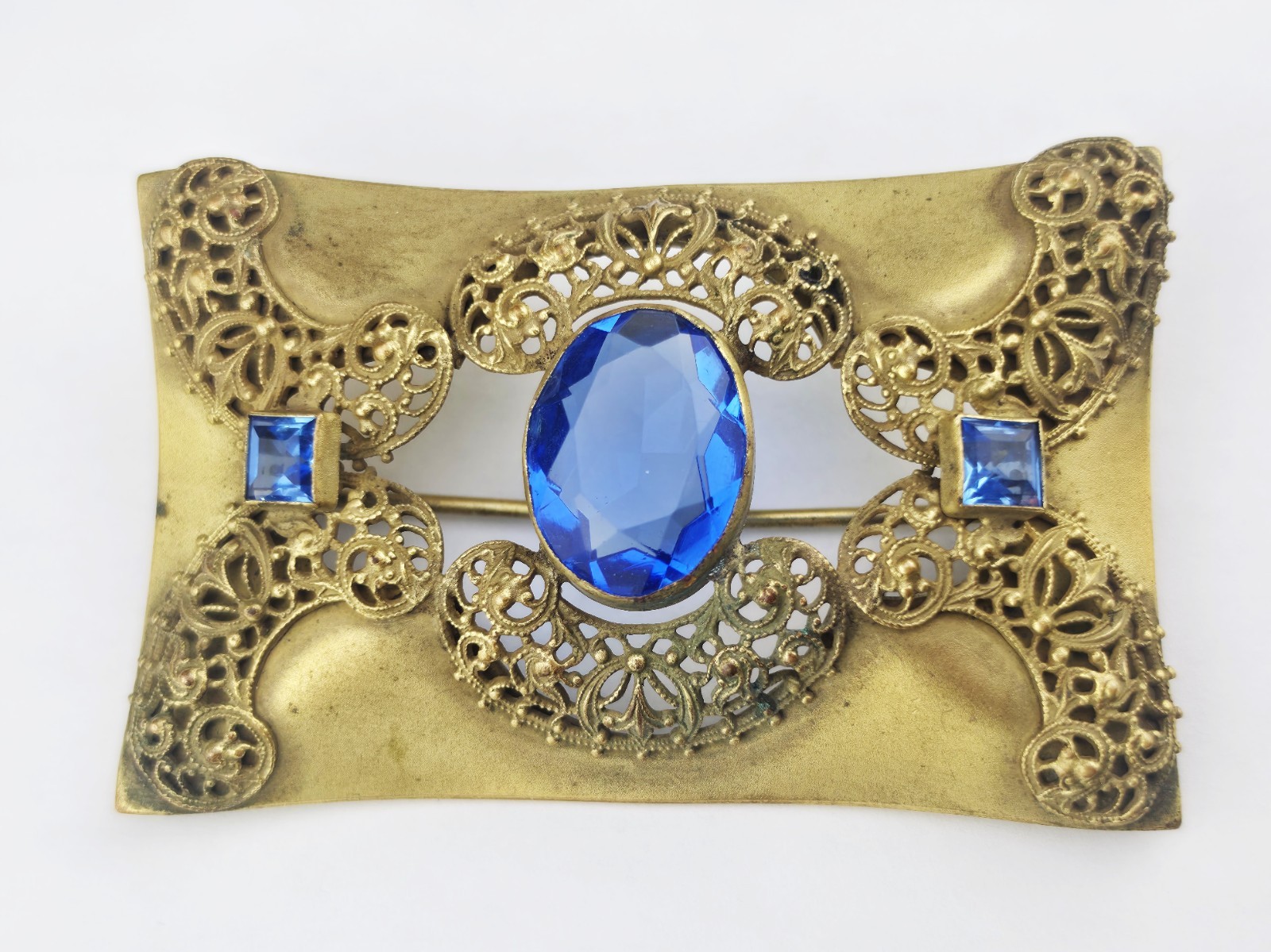 Antique Edwardian Art Nouveau Brass Filigree Blue Crystal Brooch Pin 3″ Gold Plt