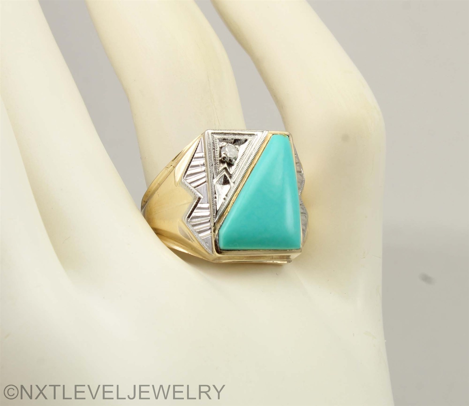 Antique SIGNED Art Deco Robin’s Egg Turquoise & Diamond 10k Solid Gold Mens Ring