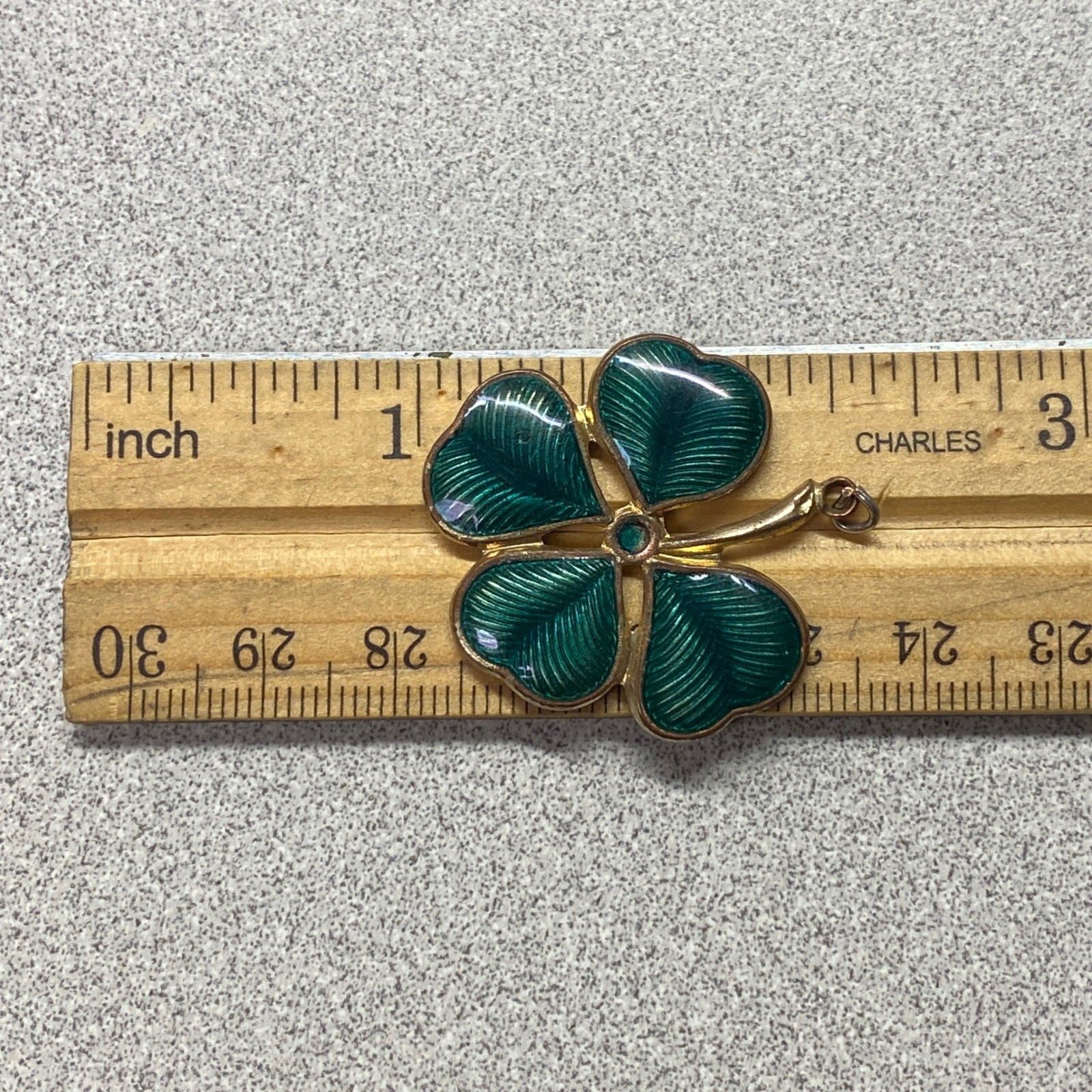 Vintage Gold Tone Green Enamel Four Leaf Clover Charm Pendant Lucky Symbol