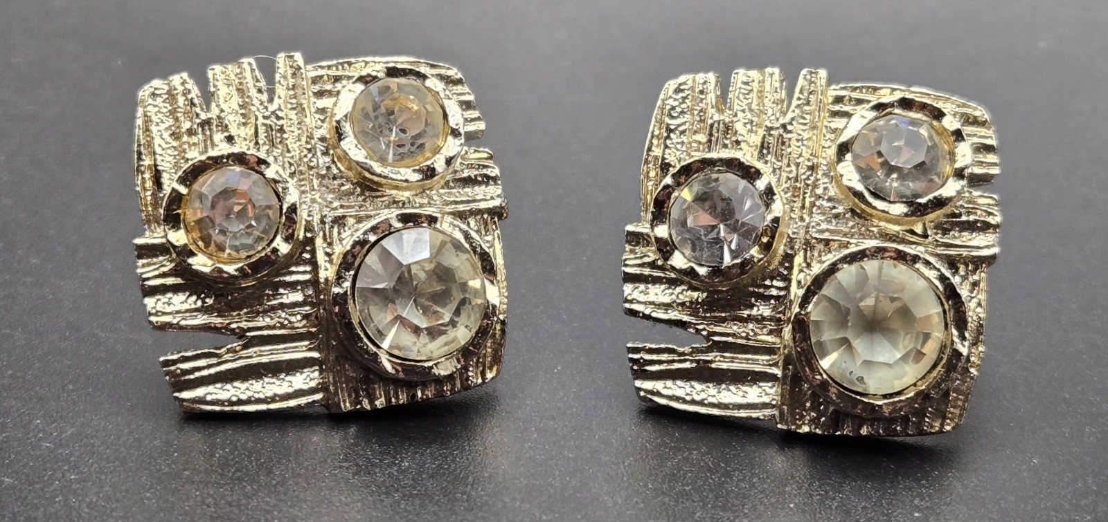 Vintage Modernist Textured Gold Tone Square ClipOn Earrings Clear Crystals 80s