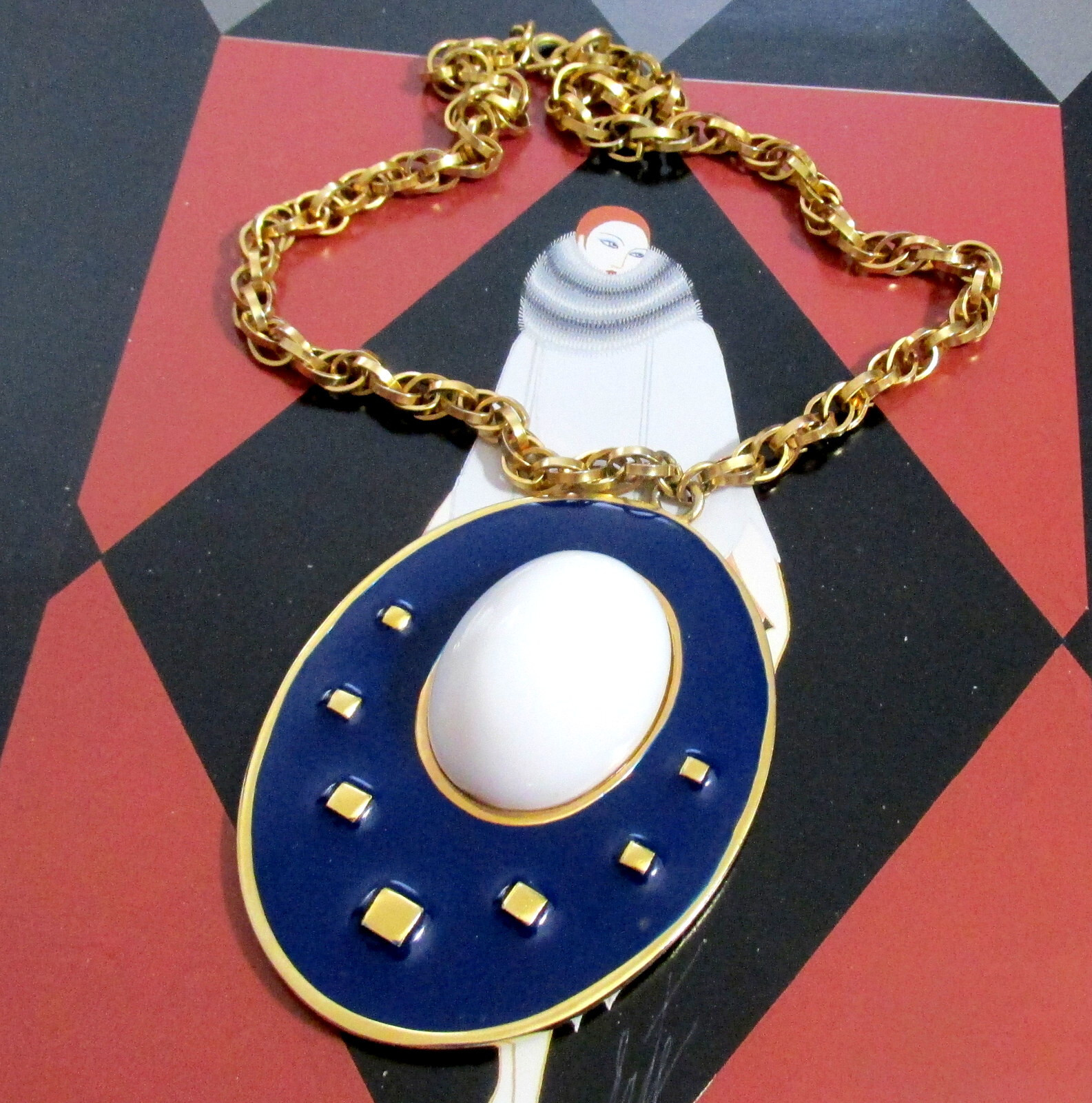 Vtg Runway Rare NAPIER Blue Enamel White Cab Pendant Necklace Book Pc BERTOLLI