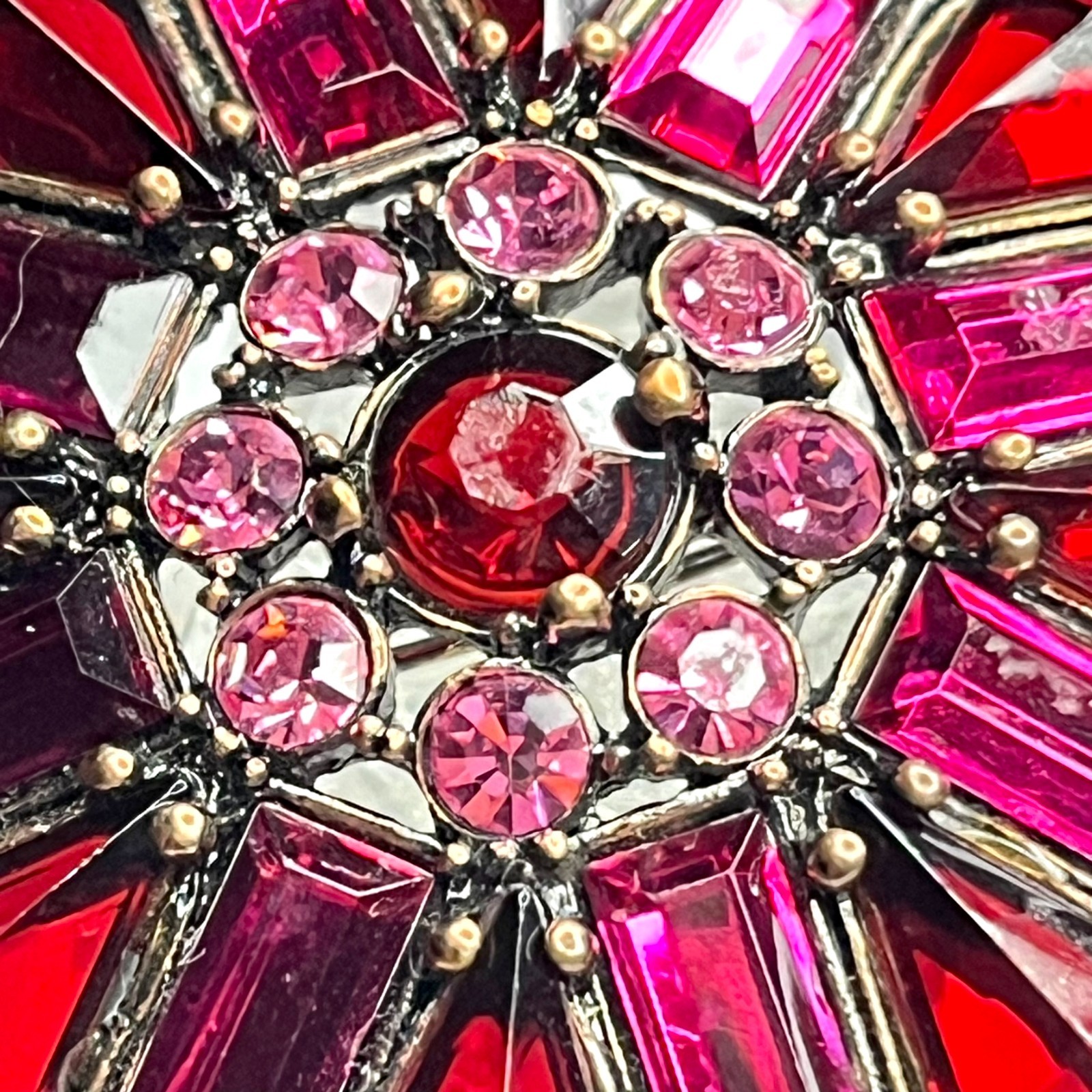 VTG Large Flower Snowflake Brooch Pin Red Fuchsia Pink Purple Glass Rhinestones