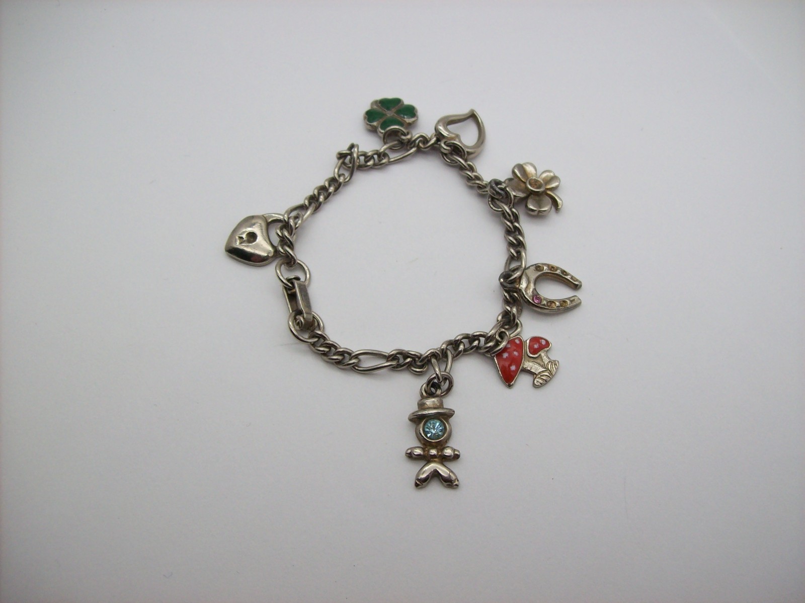 Vintage Silvertone Mix GOOD LUCK Charm Bracelet, Enamel, some made in Germany