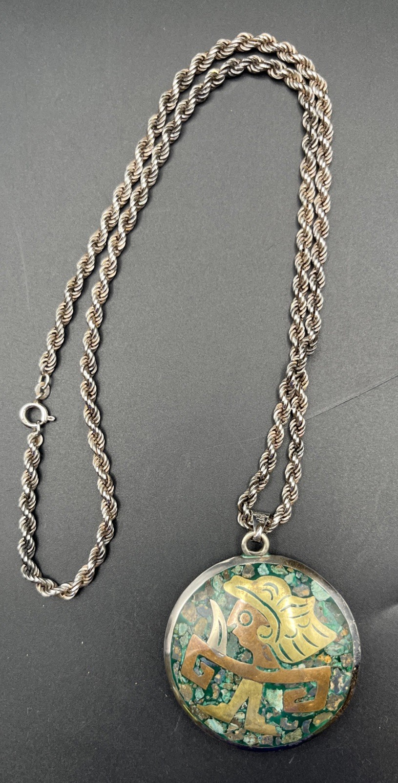 Taxco Mexico 925 Silver, Copper, Turquoise Inlay Pendant With Twist Rope Chain