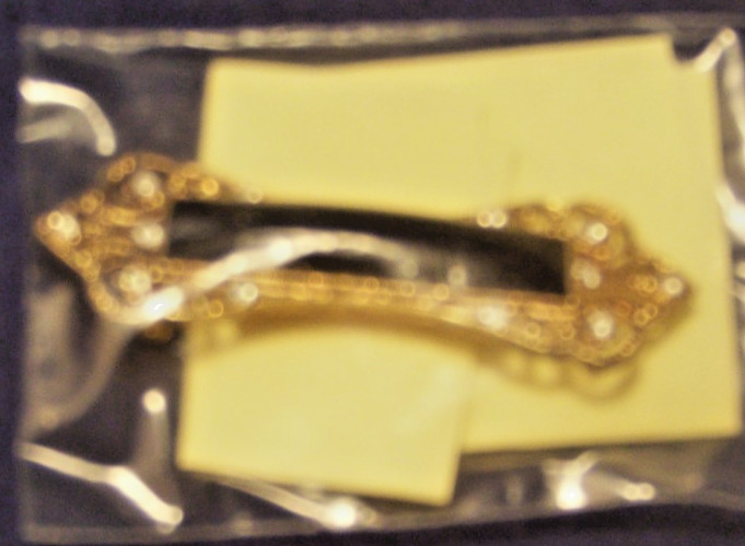 1928 Brand Black Lucite Clear Rhinestone Filigree Style Bar Pin Brooch, M761