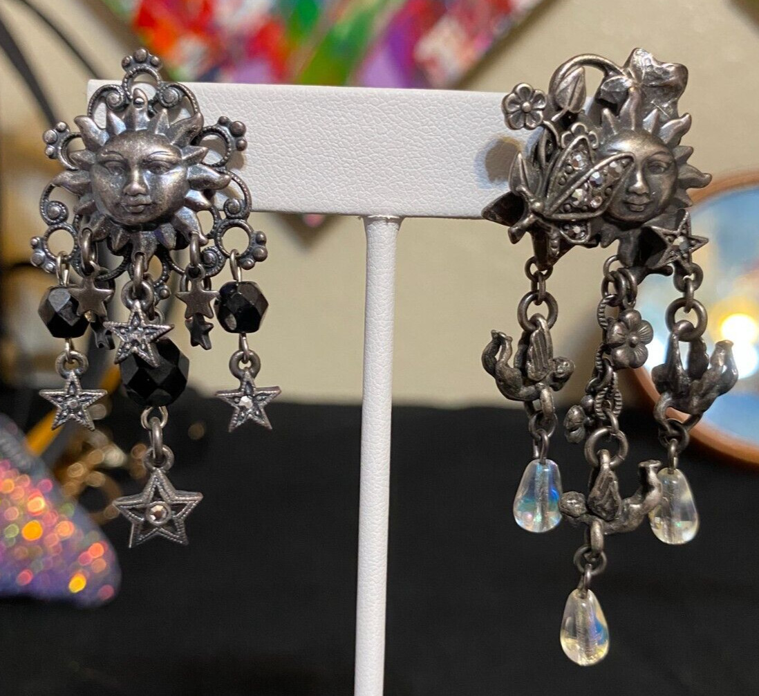 Vintage Kirks Folly Mismatched Pair Earrings Celestial Sun Star Angels Flowers