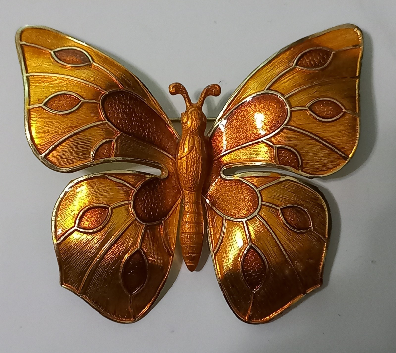 Vintage Made in Germany Enamel Butterfly Brooch Pin Orange Amber Gold Tone LARGE