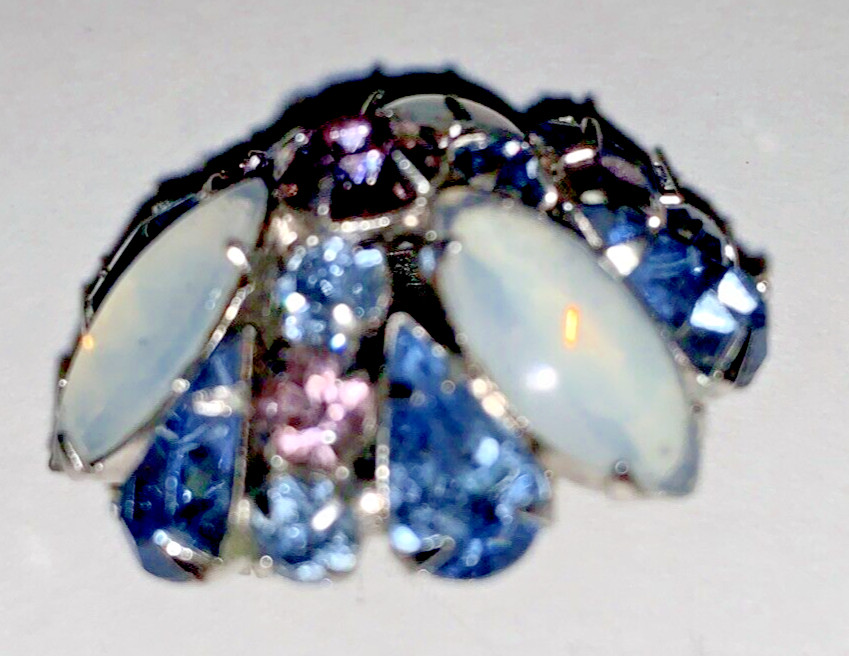 Silver Tone Faceted Purple and Blue Rhinestone Pin 3 White Oval Stones Brooch