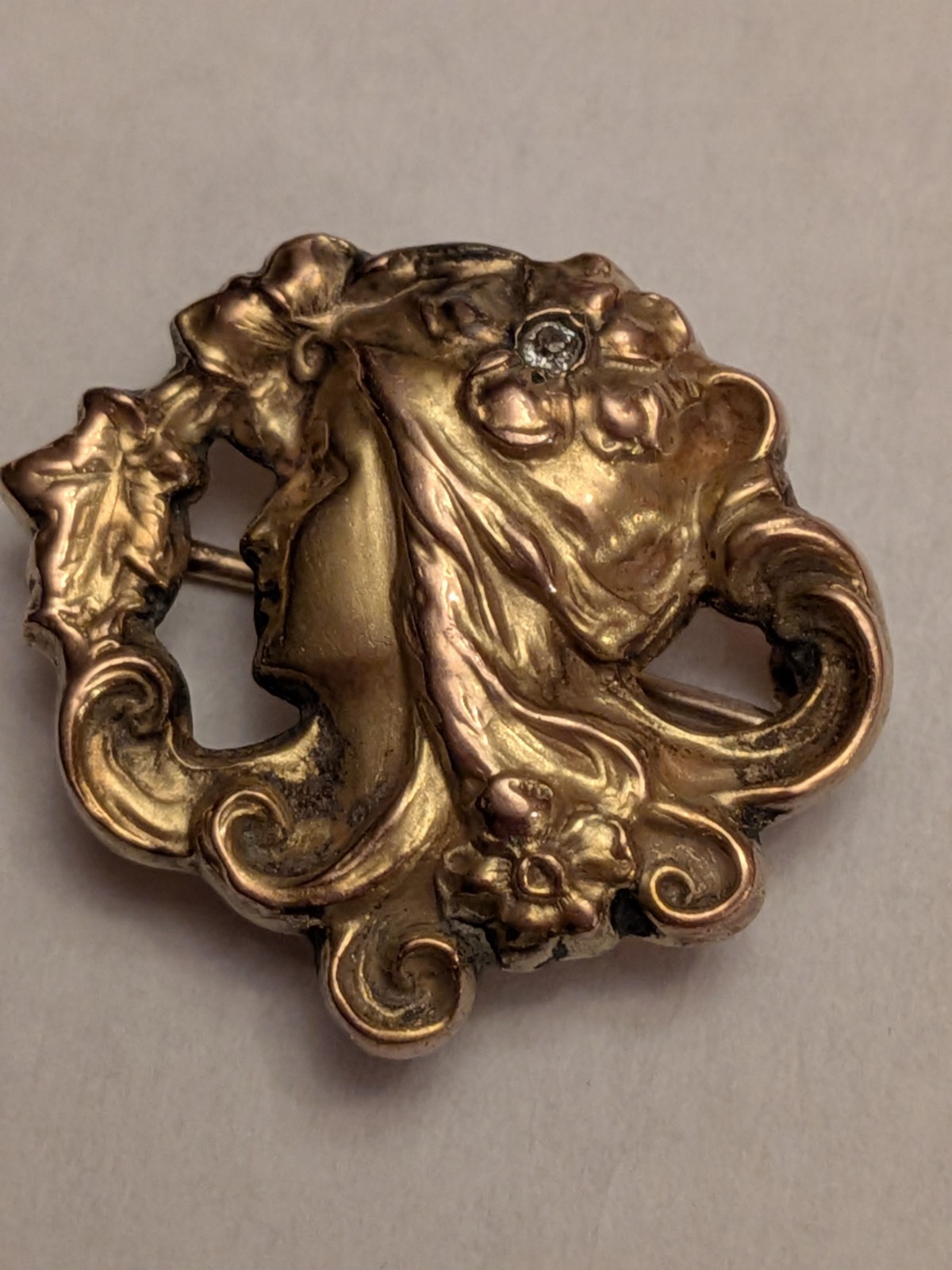 antique art nouveau 12k Yellow Gold Diamond Pin Pendant Goddess Of Spring 3.22g